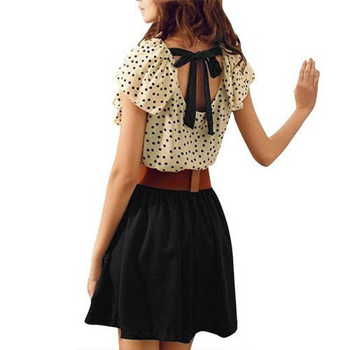 Allegra K Women Dots Print Flouncing Patchwork Dress W Waist Belt -  - 3
