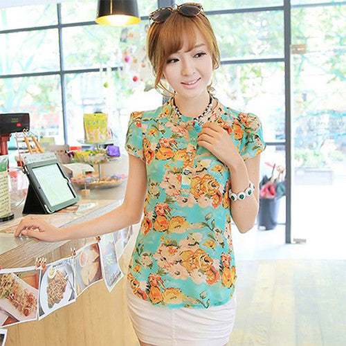 Finejo Women Short-Sleeve Slim Ladies Floral Print Chiffon Shirt -  - 2