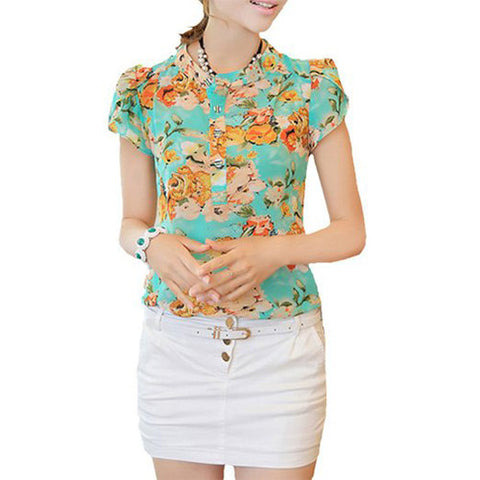 Finejo Women Short-Sleeve Slim Ladies Floral Print Chiffon Shirt -  - 1