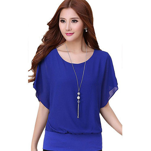 FINEJO Womens Candy Color Chiffon Tops Fitted Puff Sleeve Shirt Clubwear Blouse -  - 2