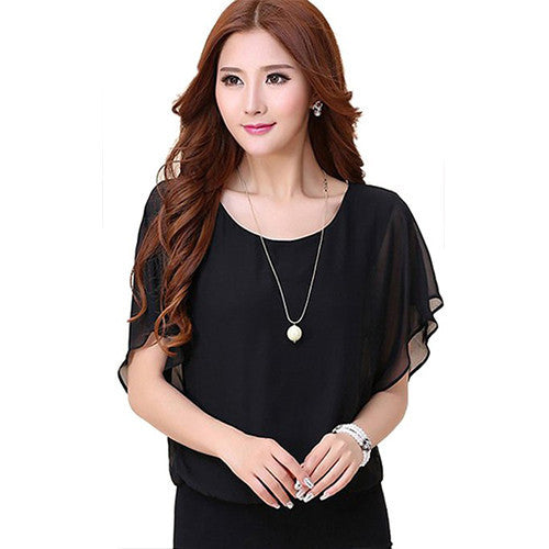 FINEJO Womens Candy Color Chiffon Tops Fitted Puff Sleeve Shirt Clubwear Blouse -  - 3