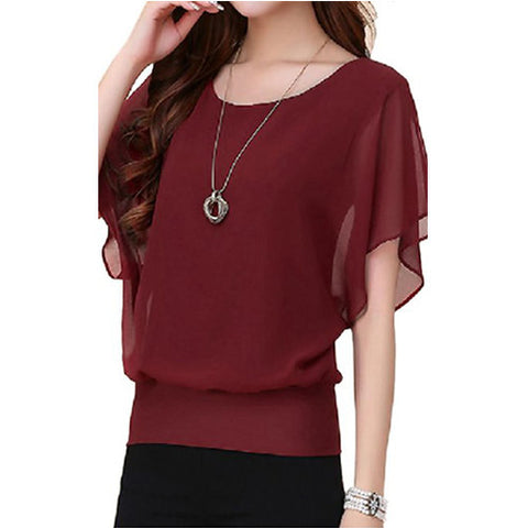 FINEJO Womens Candy Color Chiffon Tops Fitted Puff Sleeve Shirt Clubwear Blouse -  - 1