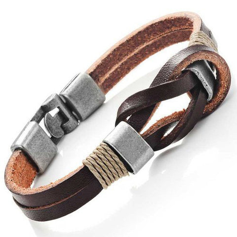 Dark Brown Genuine Leather Nautical Knot Bracelet with Silver New Secure Clasps for Him and Her, Unisex, 8" -  - 1